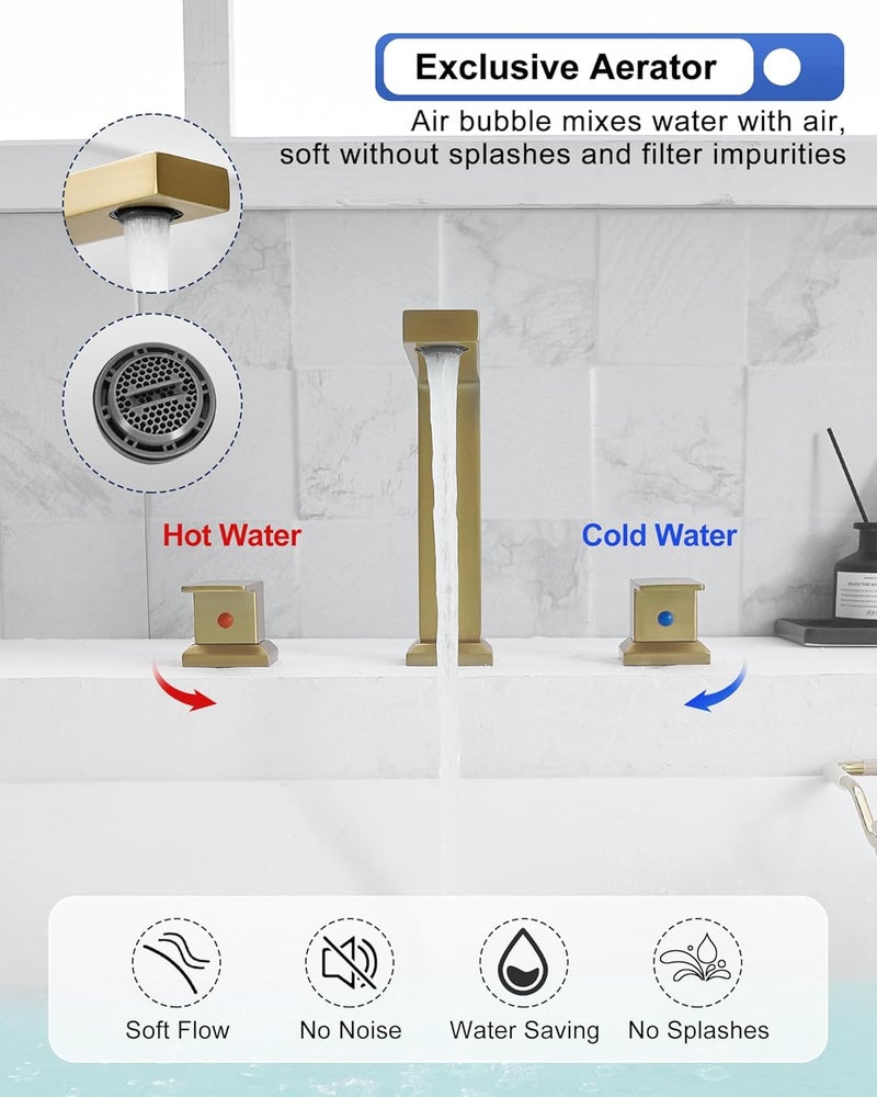 HEYMYTAP High Flow Gold Bathtub Faucet, Brass Bath Tub Faucet Set 3 Hole Roman Tub Faucets Deck Mounted Bathtub Faucet Set 2 Handle 1/2" NPT Female Cartridge Spout Reach 5.3inch - Image 4